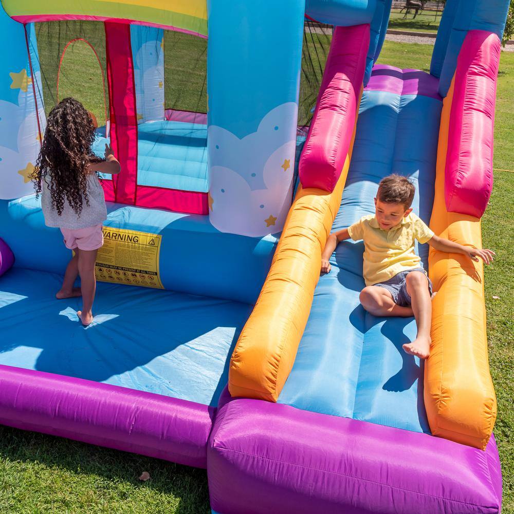 JOYIN 130L Multicolored Vinyl Rainbow Inflatable Bounce House with 2 Slides  Heavy-Duty Blower Play House For Kids Parties 70018