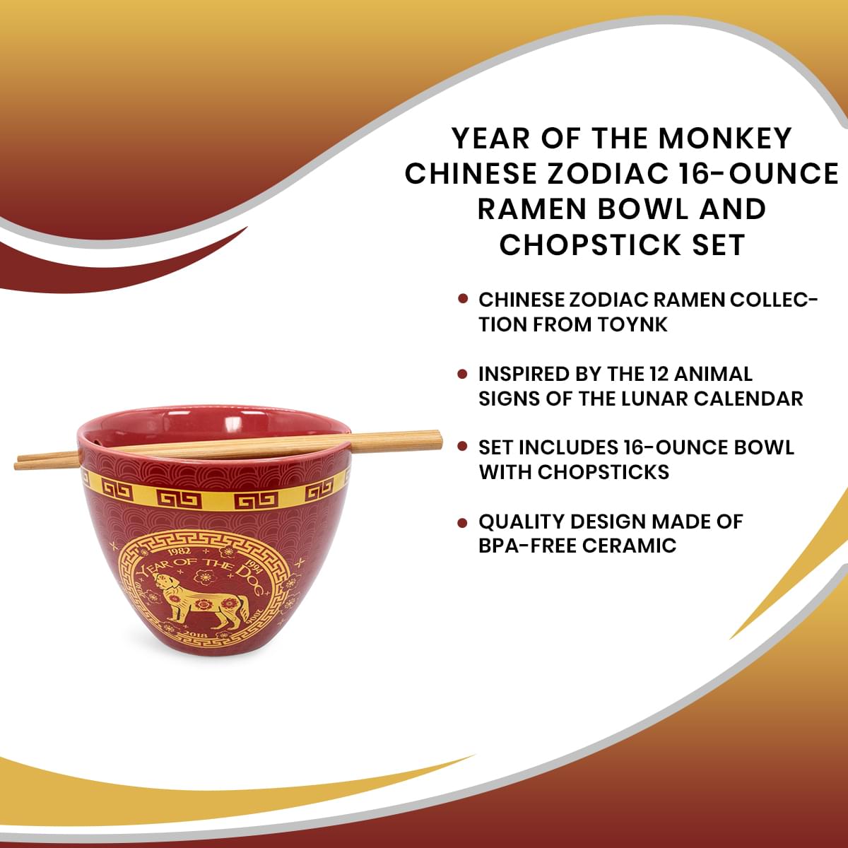 Year Of The Monkey Chinese Zodiac 16-Ounce Ramen Bowl and Chopstick Set