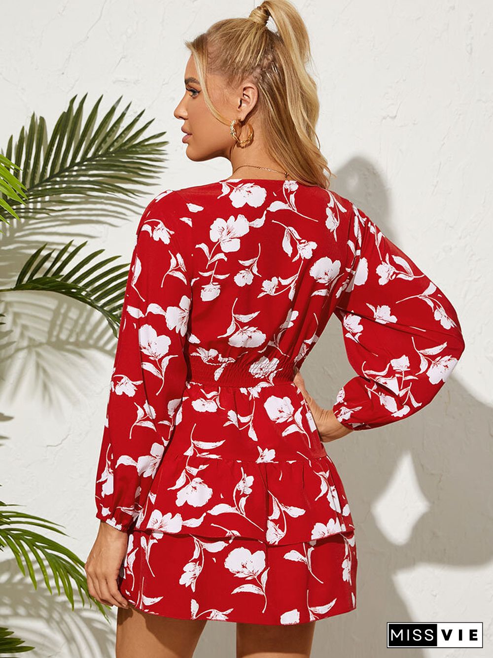 Flower Print Cut Out Layered Long Sleeve V-neck Dress