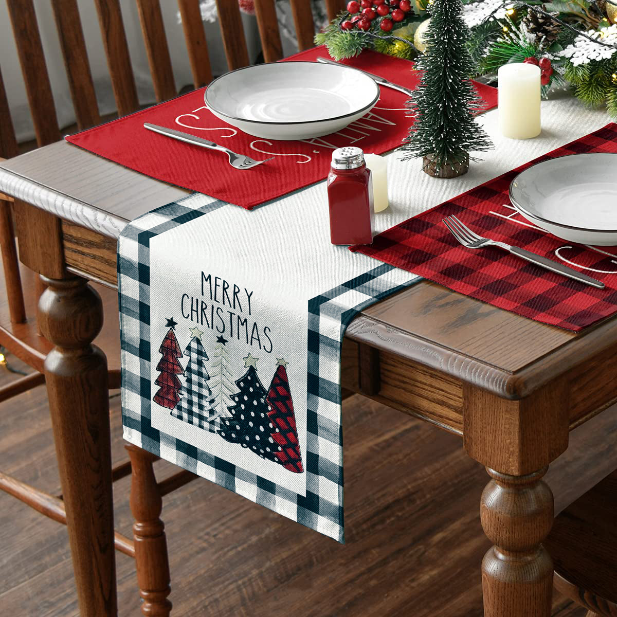 Sanmadrola Christmas Tree Table Runner Buffalo Plaid Table Runners for Merry Christmas Dining Kitchen Table Decorations Seasonal Winter Holiday Farmhouse Decor for Indoor Outdoor Party， 13 x 72 Inches