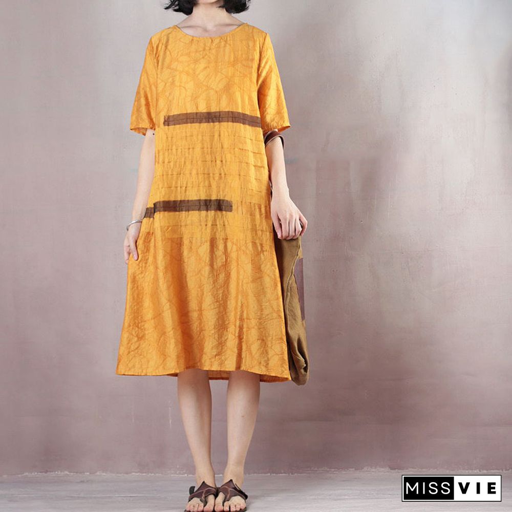 boutique yellow pure linen dresses oversized linen dress casual short sleeve Jacquard O neck linen dress