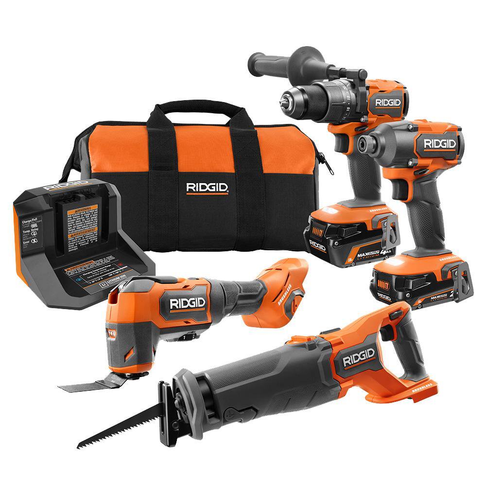 RIDGID 18V Brushless Cordless Battery 510 CFM 110 MPH Blower and 4-Tool Combo Kit with (2) MAX Output Batteries and Charger R01601B-R9226