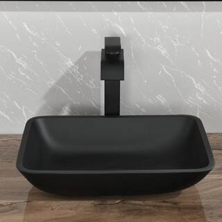 Interbath Matte Shell Glass Rectangular Vessel Bathroom Sink in Black with Faucet and Pop-Up Drain in Matte Black ITB110MB02