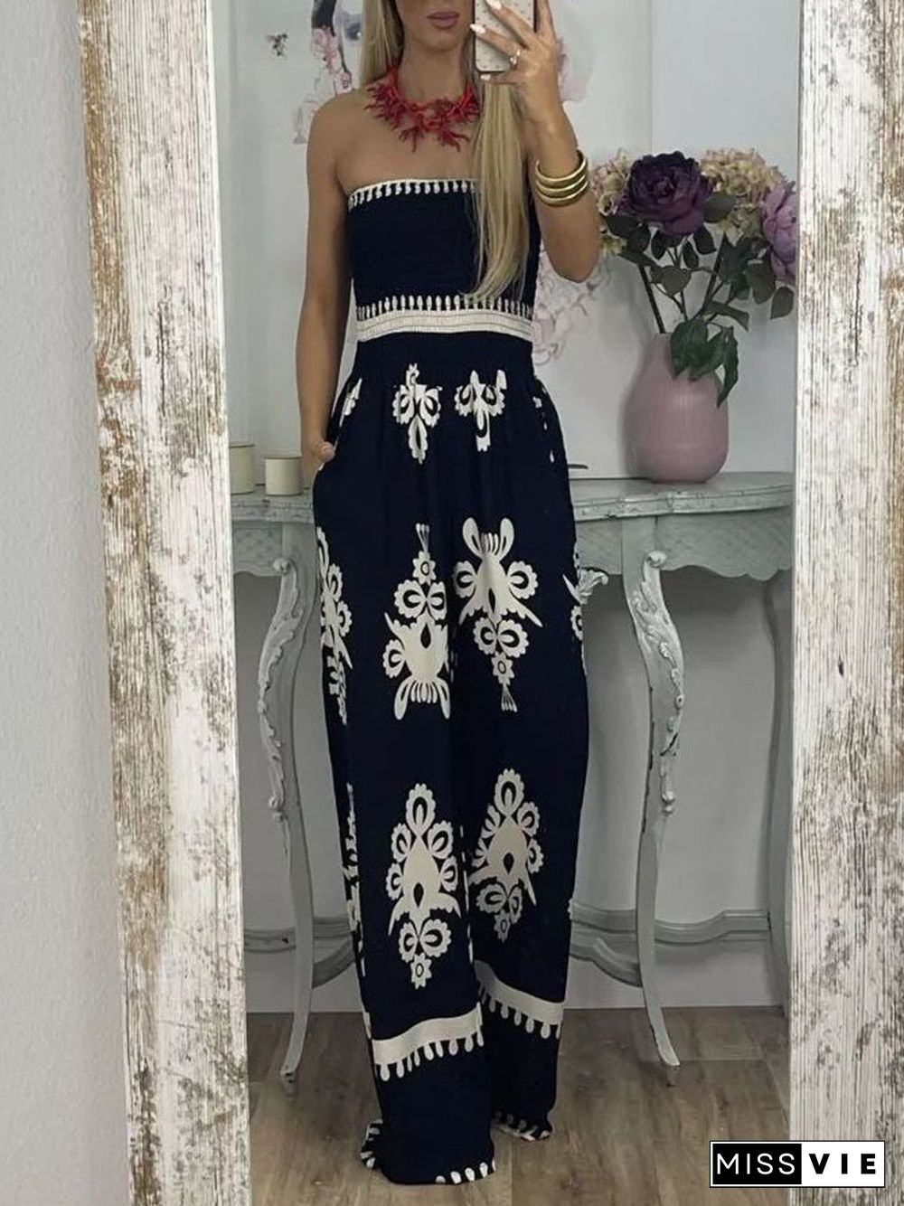 Sexy printed chest wrap jumpsuit feminine