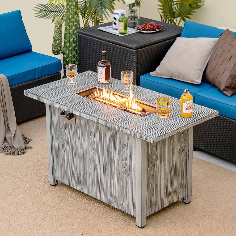 Costway 43 in. Propane Gas Fire Pit Table Wood-like Metal Fire Table with Protective Cover NP10795GR