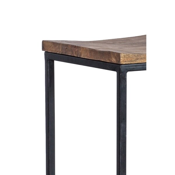 Iron Base Counter Height Stool with Wooden Saddle Seat， Brown and Black