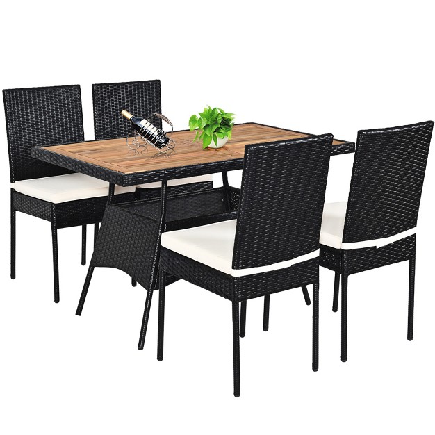 Tangkula 5pcs Outdoor Rattan Wicker Dining Set Acacia Wood Table amp 4 Chairs With Cushions