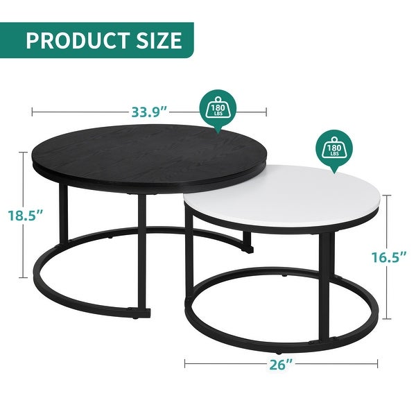 Modern Nesting Round Coffee Table Set of 2 for Living Room Black and White