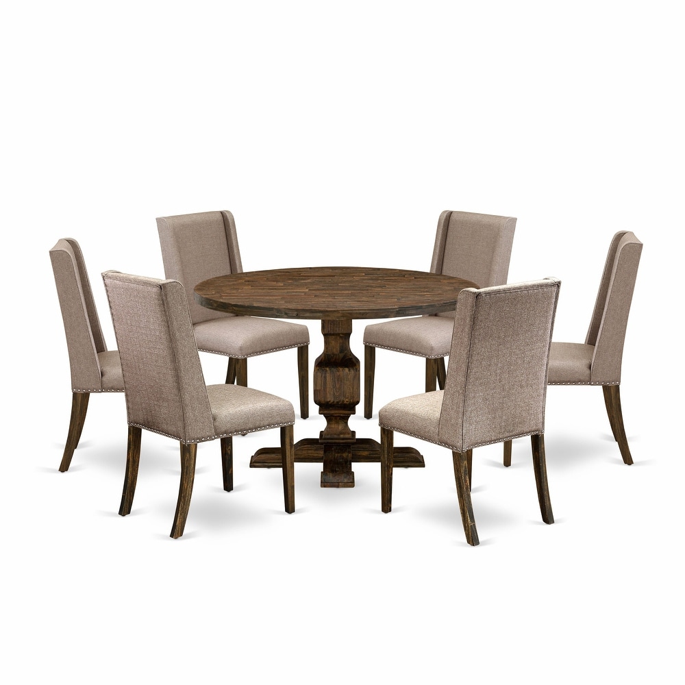 East West Furniture Table Set  a Round Table and Dark Khaki Linen Fabric Chairs  Distressed Jacobean (Pieces Option)