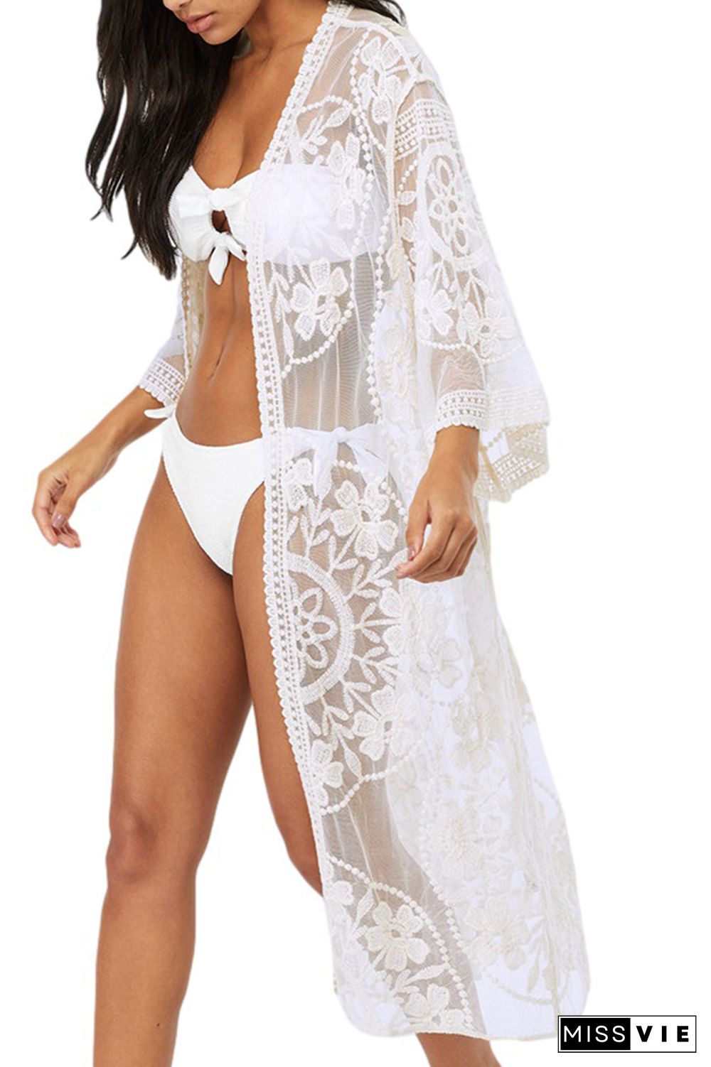 Lace Splicing Sheer Beach Cover Up Kimono