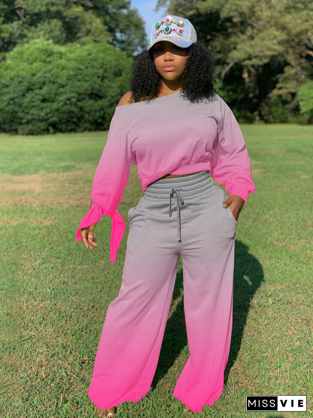 Gradient Knot Long Sleeves Blouse Wide-leg Pants 2 Piece Suit