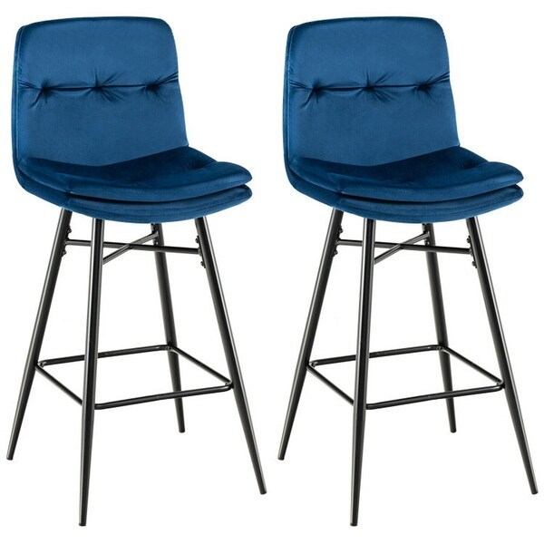 Velvet Bar Stools Set with Tufted Back and Footrests (Set of 2)