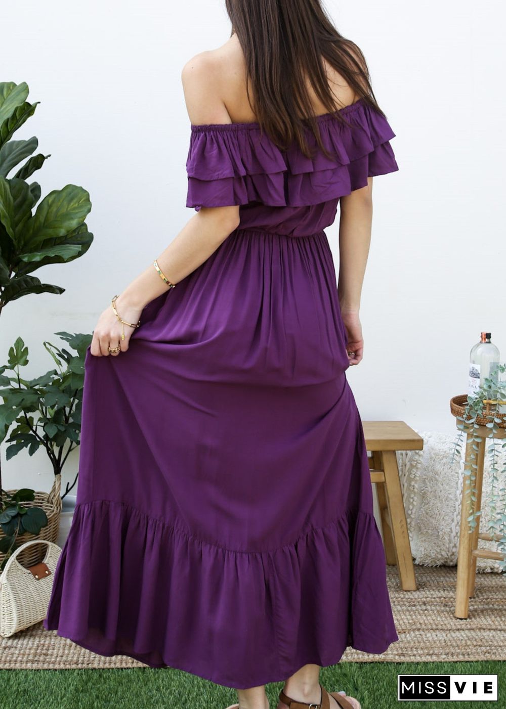 Grecian Ruffle Stretch Maxi Long Dress