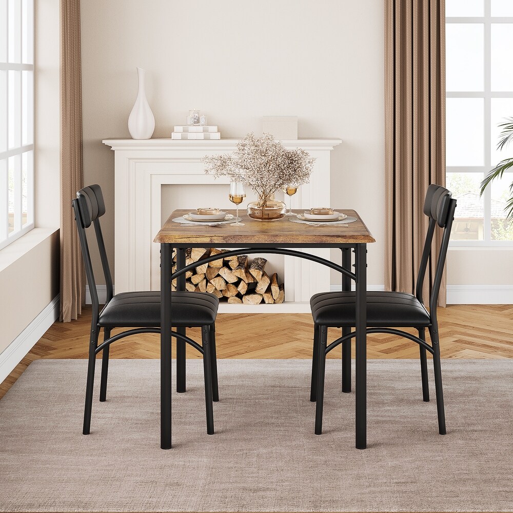 Dining Table Set  Kitchen Table and Chairs for 2  Metal and Wood Square Dining Room Table Set with 2 Upholstered Chairs