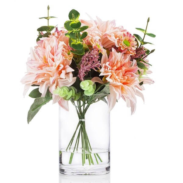 Enova Home Mixed Artificial Dahlia Fake Silk Flowers and Eucalyptus Grasses Arrangement in Clear Glass Vase with Faux Water