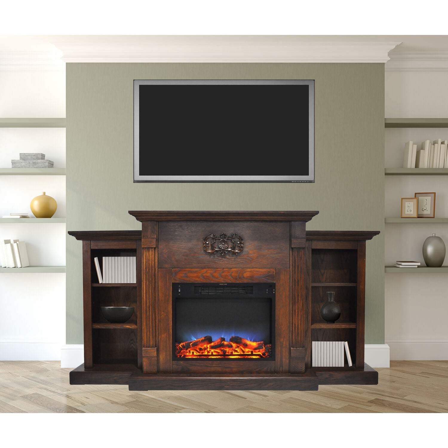 Cambridge Sanoma 72'' Electric Multi-Color LED Fireplace with Charred Log Insert | For Rooms up to 210 Sq.Ft | Remote | Walnut Mantel | Adjustable Heat Settings | Storage | Timer