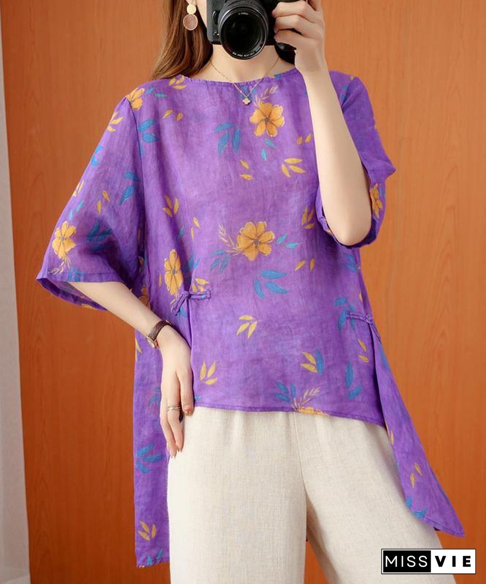 French o neck asymmetric summer top Shirts purple print top