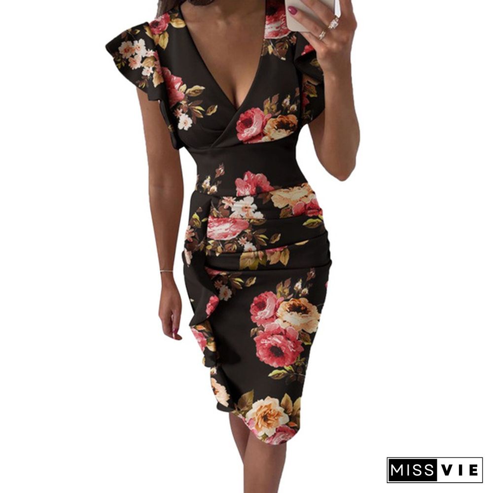 Elegant Floral Print Dresses For Women New Summer Trendy Clothes V-neck Ruffle Party Midi Dress Robe Femme