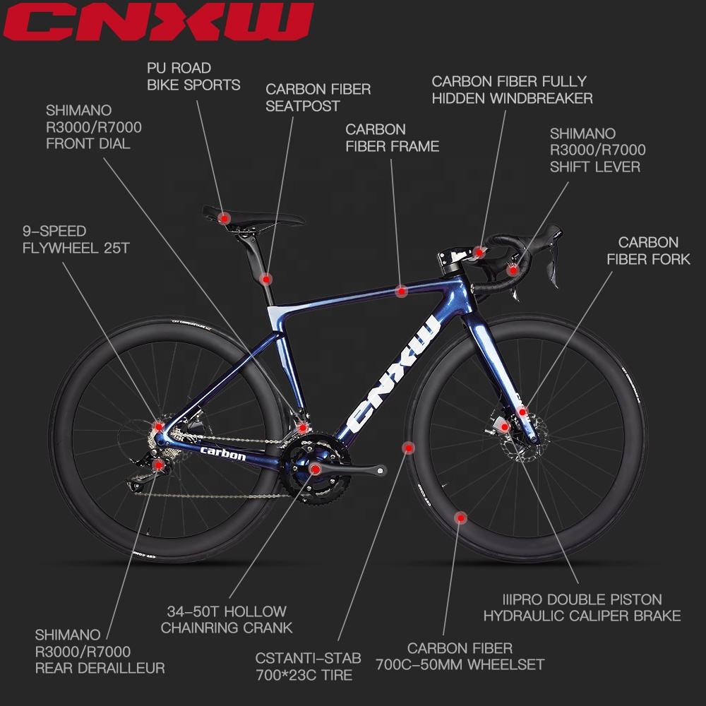 CNXW MOQ 1psc OEM ODM 700C 18speed Double Disc Brake Fully Hidden Cables Carbon Fiber Road Cycling Bicycle Bike for Adult