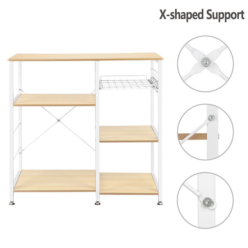 Metal Storage Shelves， Microwave Oven Stand Storage Cart Storage Shelf， X-shaped Metal Shelving with 5 Hanging Hook， Round Corner， Adjustable Feet， Pull-out Basket， 3-Tier Shelves， Natural， Q4502