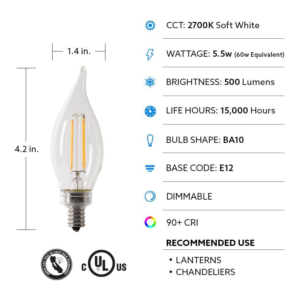 Feit Electric 60-Watt Equivalent BA10 E12 Candelabra Dimmable Filament CEC Clear Chandelier LED Light Bulb Soft White 2700K (4-Pack) BPCFC60927CAFIL4