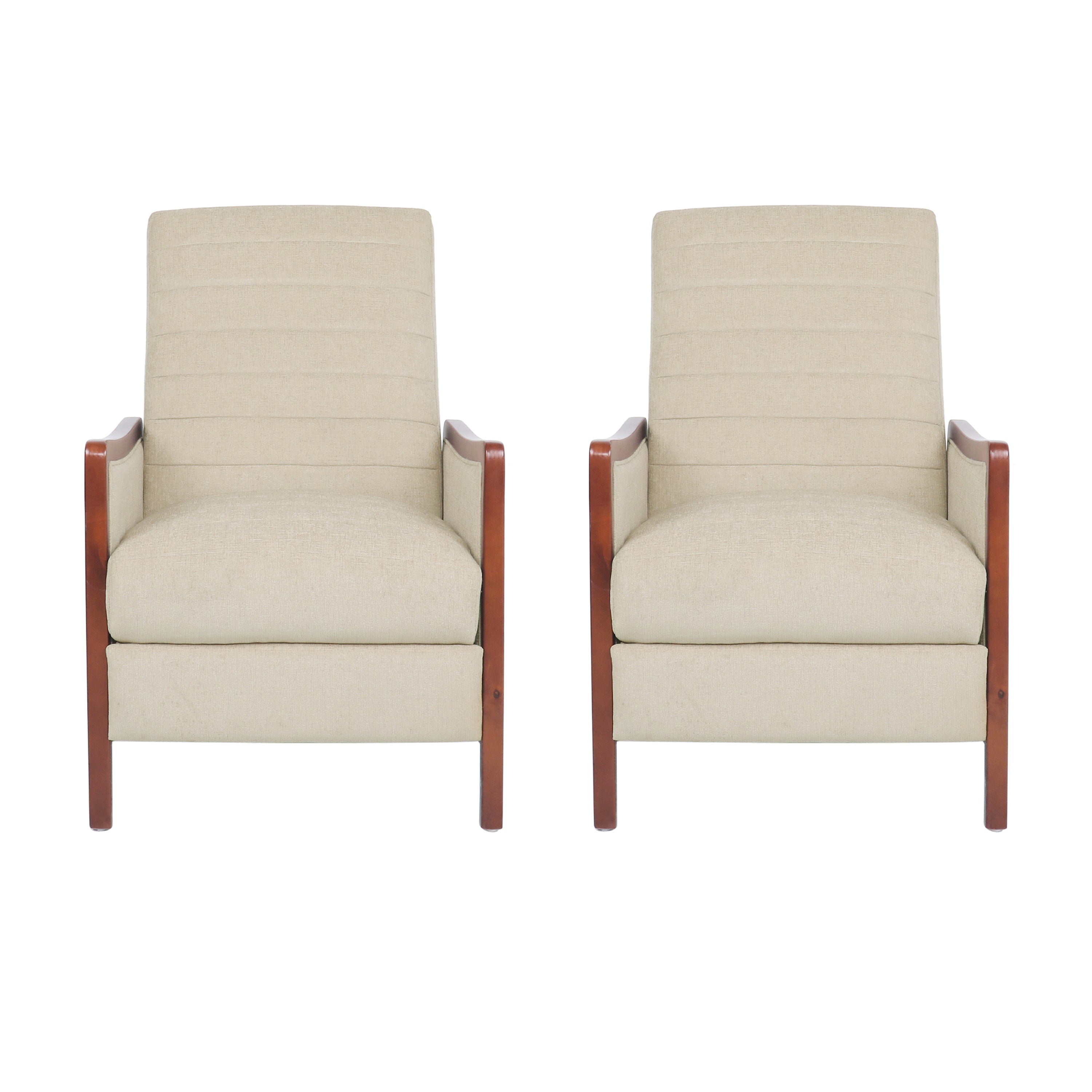 Mendota Mid Century Modern Fabric Channel Stitch Wood Pushback Recliners, Set of 2