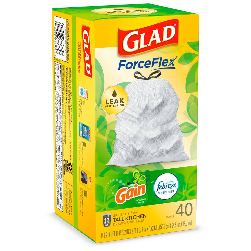 Glad ForceFlex 13 Gal. Tall Kitchen Drawstring Gain Original with Febreze Freshness Trash Bags (40-Count 3-Pack) C-205959531-3