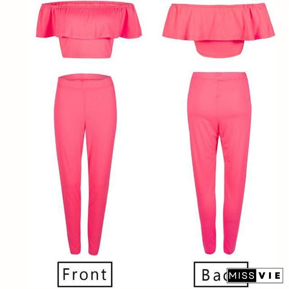 Fashion Women Ruffles Off The Shoulder Top And Skinny Long Pants Two-Piece Suits Summer Casual Outfits