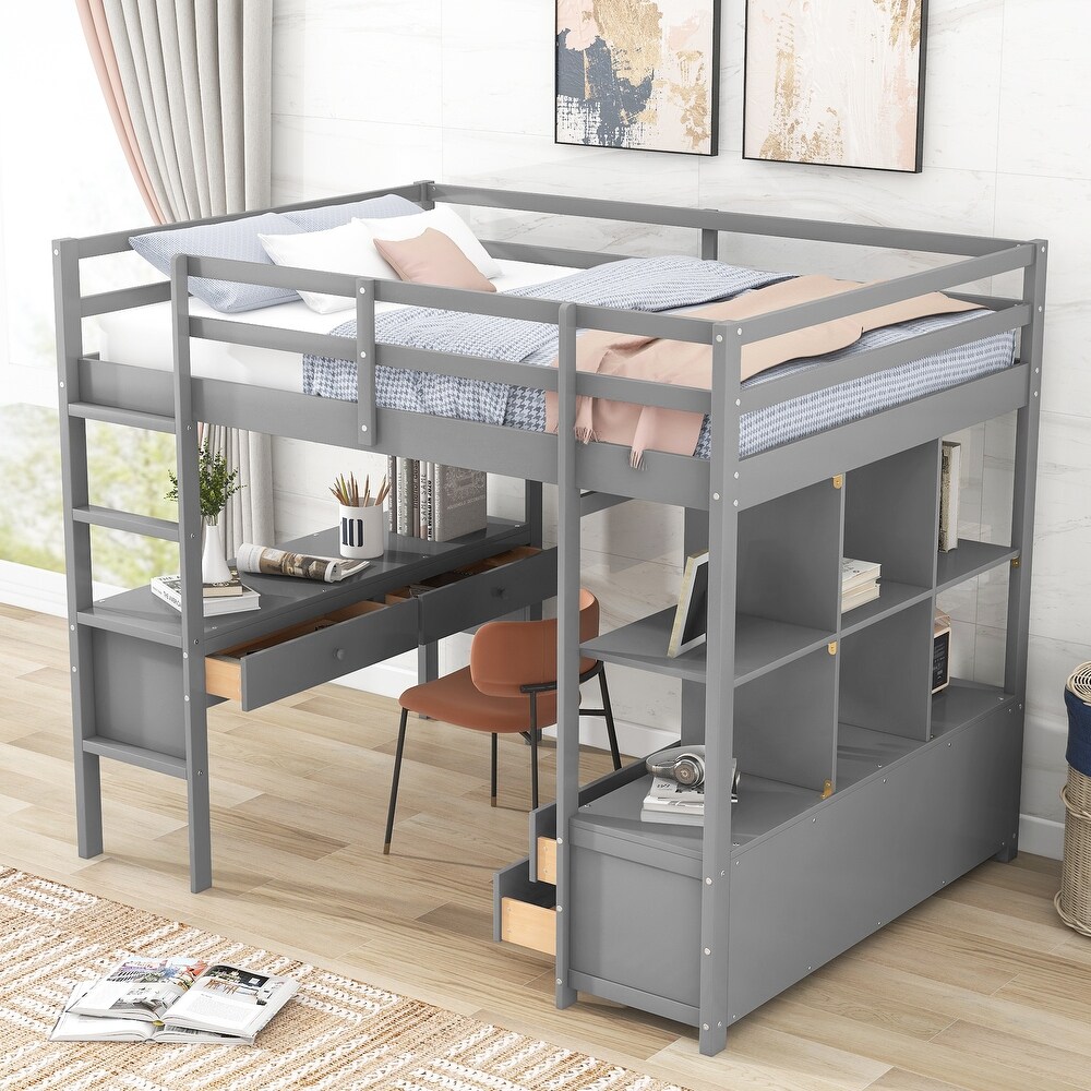 Full Size Loft Bed with Built in Desk with Storage Shelves   Drawers