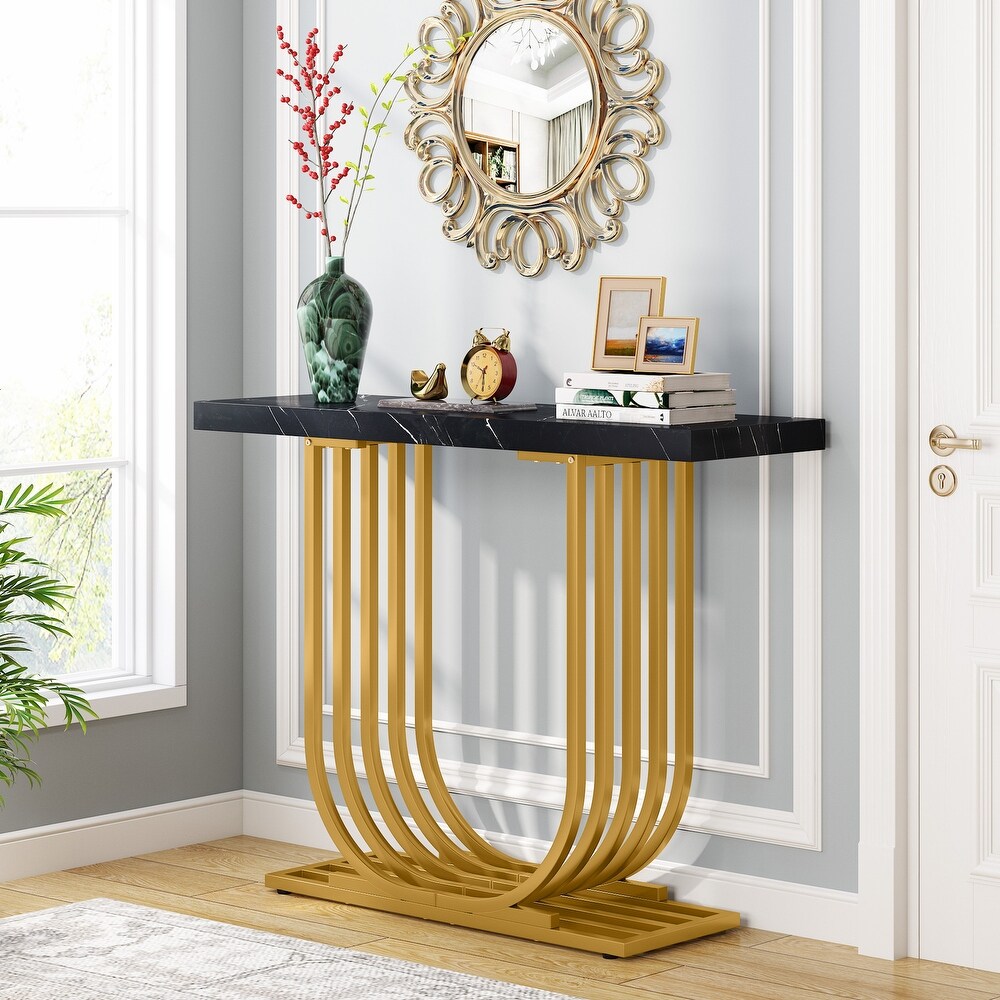 Modern Console Table  Faux Marble Entryway Foyer Table  Sofa Accent Table with Gold Metal Legs