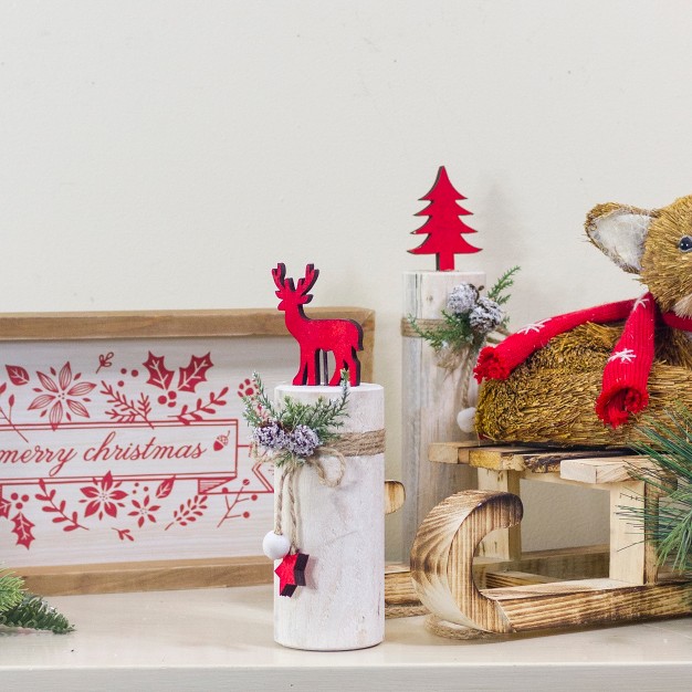 Red Reindeer On Wooden Log Tabletop Christmas Decoration