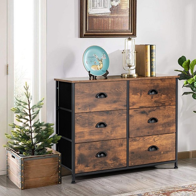 Costway 6 Drawer Dresser Fabric Storage Tower W wooden Top Chest Organizer Rustic Brown