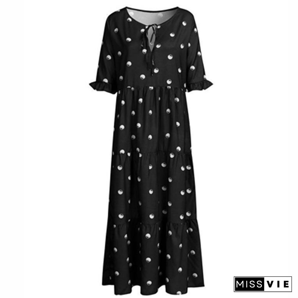 Fall Winter New Women Short Sleeve Boho Dress Vintage Loose Polka Dot Print V-Neck Long Dress Casual Harajuku Party Dress Mujer