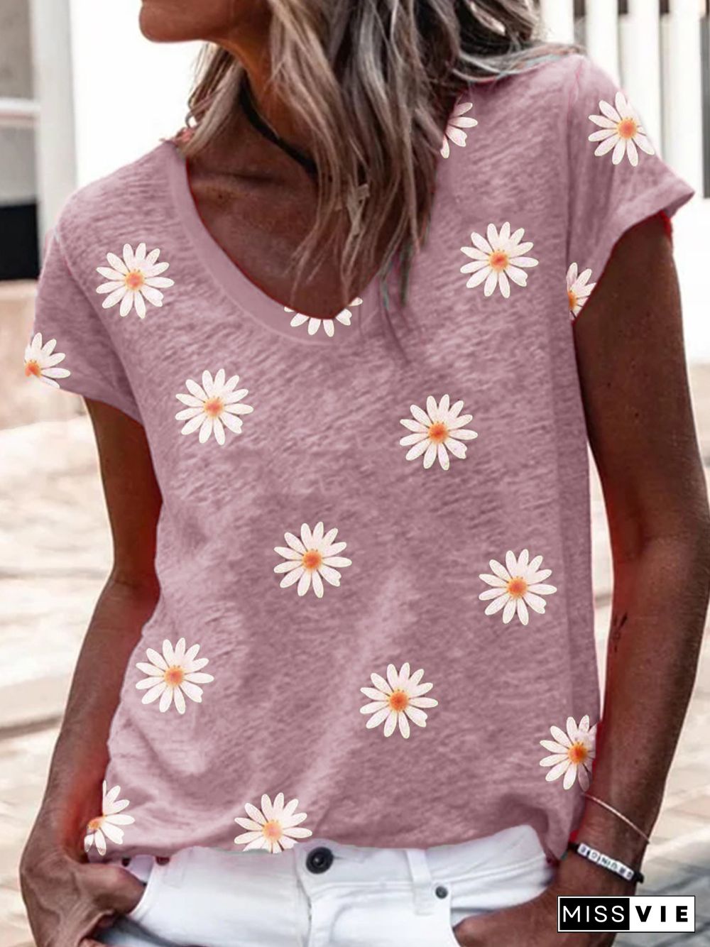 Floral Short Sleeve V Neck T-shirt