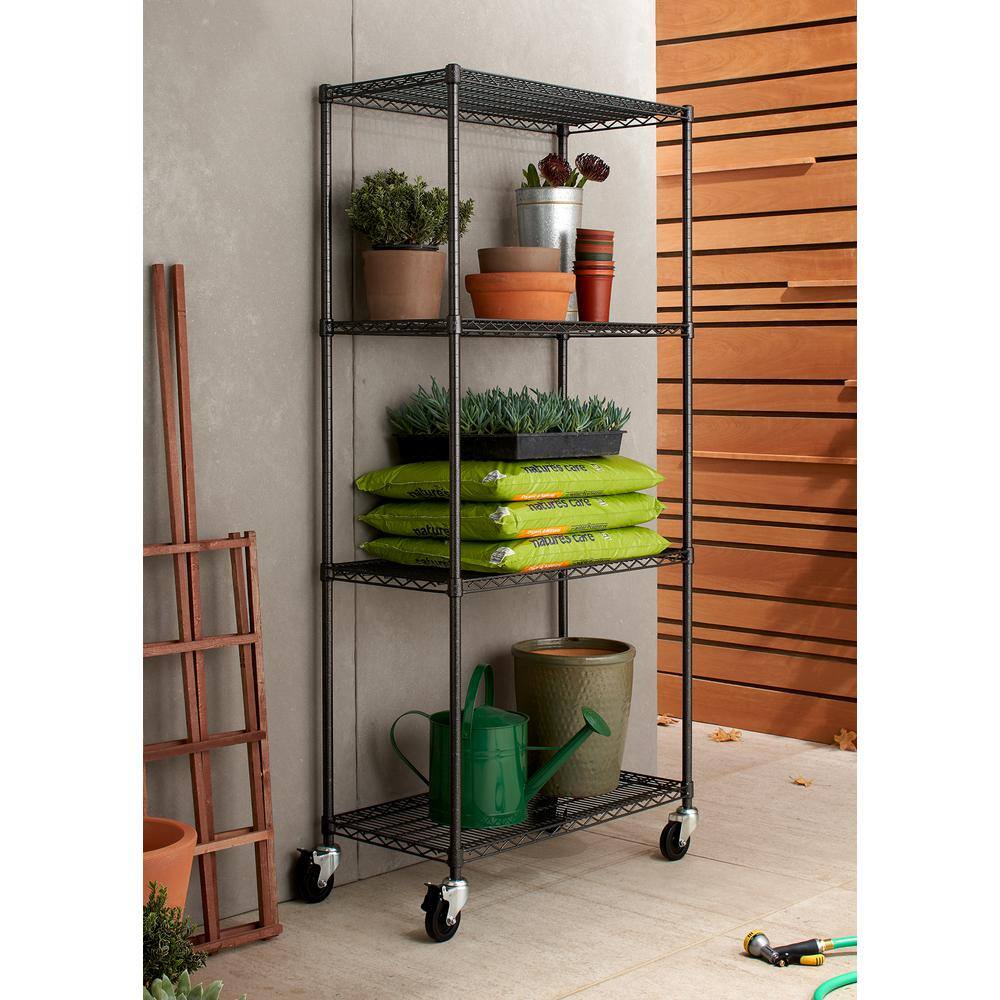 TRINITY PRO Black 4-Tier Rolling Steel Wire Garage Storage Shelving Unit (36 in. W x 77 in. H x 18 in. D) TBFPBA-0920