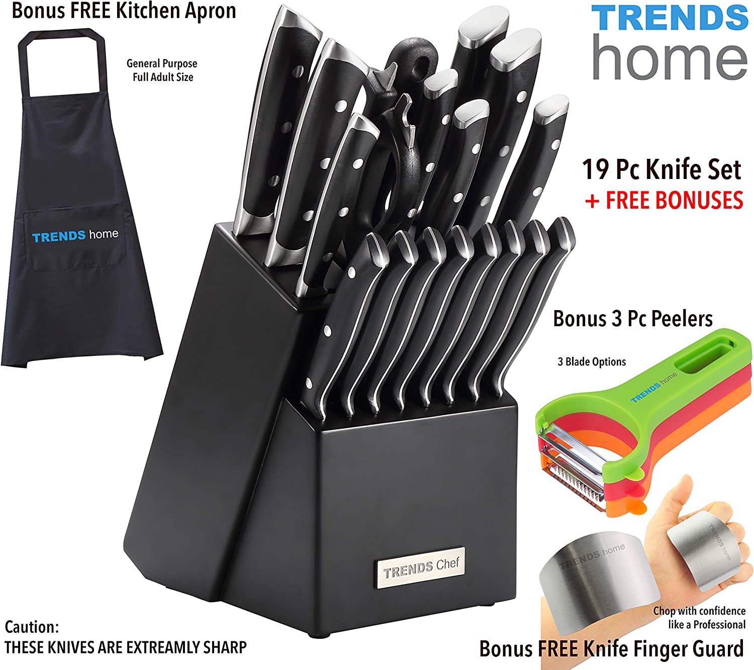 TRENDS Chef 19 Pc Premium German Steel #1.4116 Kitchen Knife Block Set. Triple Rivet， This set of Knives is a super sharp knife set for the kitchen， 16 Knives， Sharpener， Block， and kitchen shears.