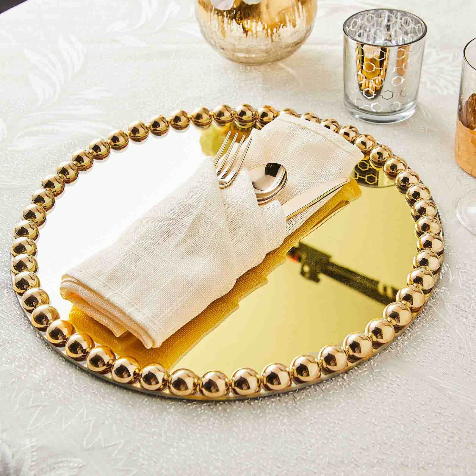 2 Pack Gold  Mirror Glass Charger Plates with Pearl Beaded Rim 13