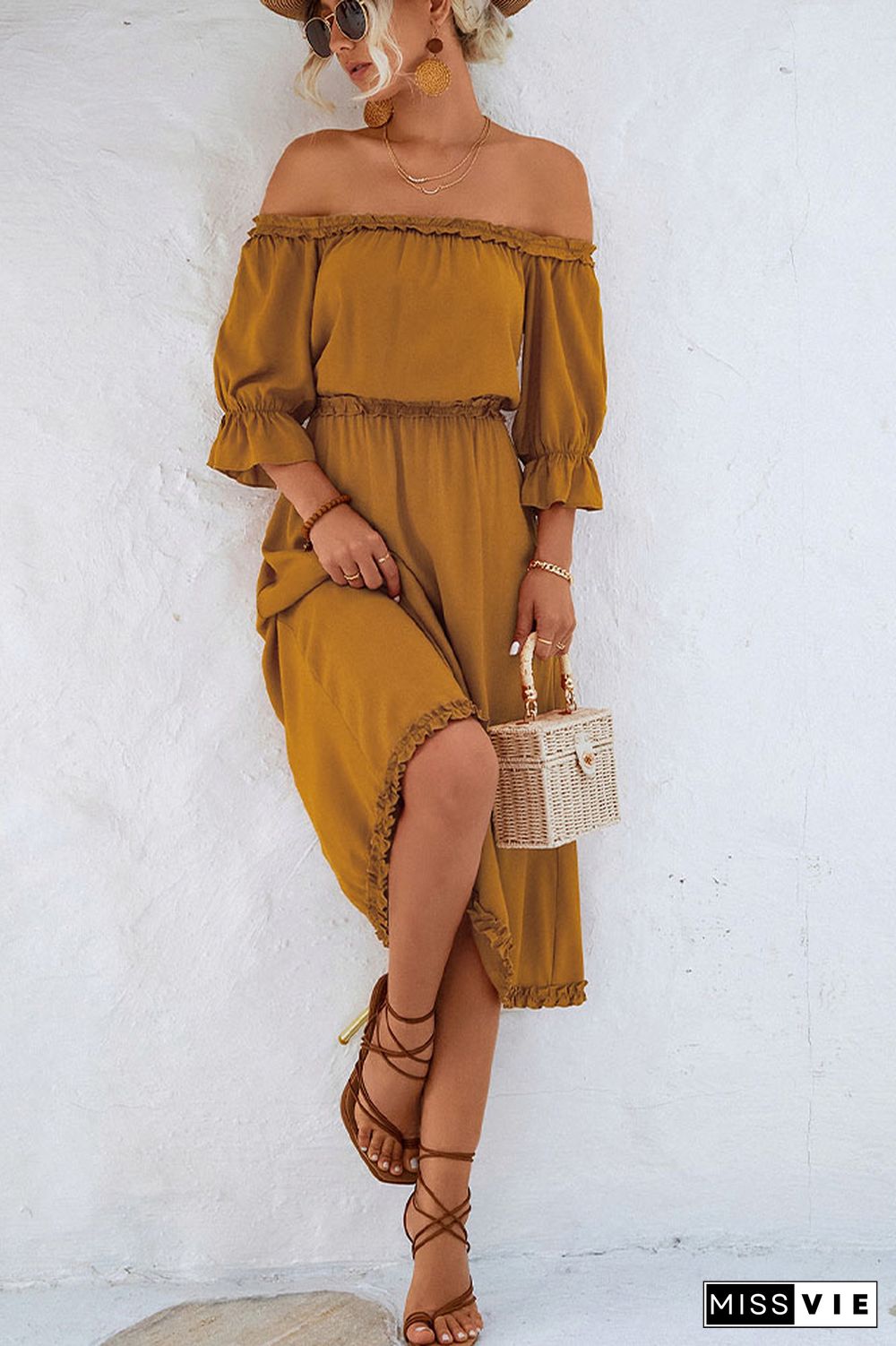 Off Shoulder Ruffles High Waist Midi Dress