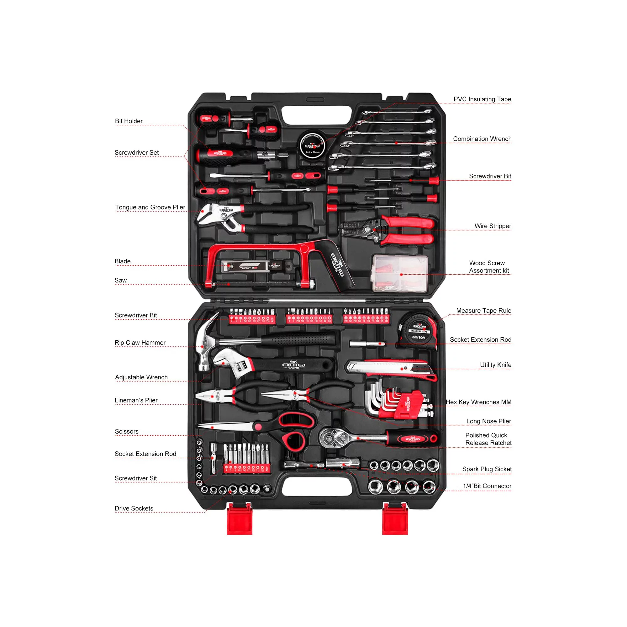 Excited Work 198 Pcs Hand Tool Set， Mechanic Tools Kit With Plastic Storage Case Wrench Screwdriver