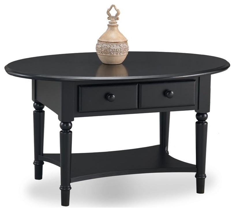 Leick Coastal Notions Oval 1 Drawer Wood Coffee Table with Shelf in Swan Black   Traditional   Coffee Tables   by Homesquare  Houzz