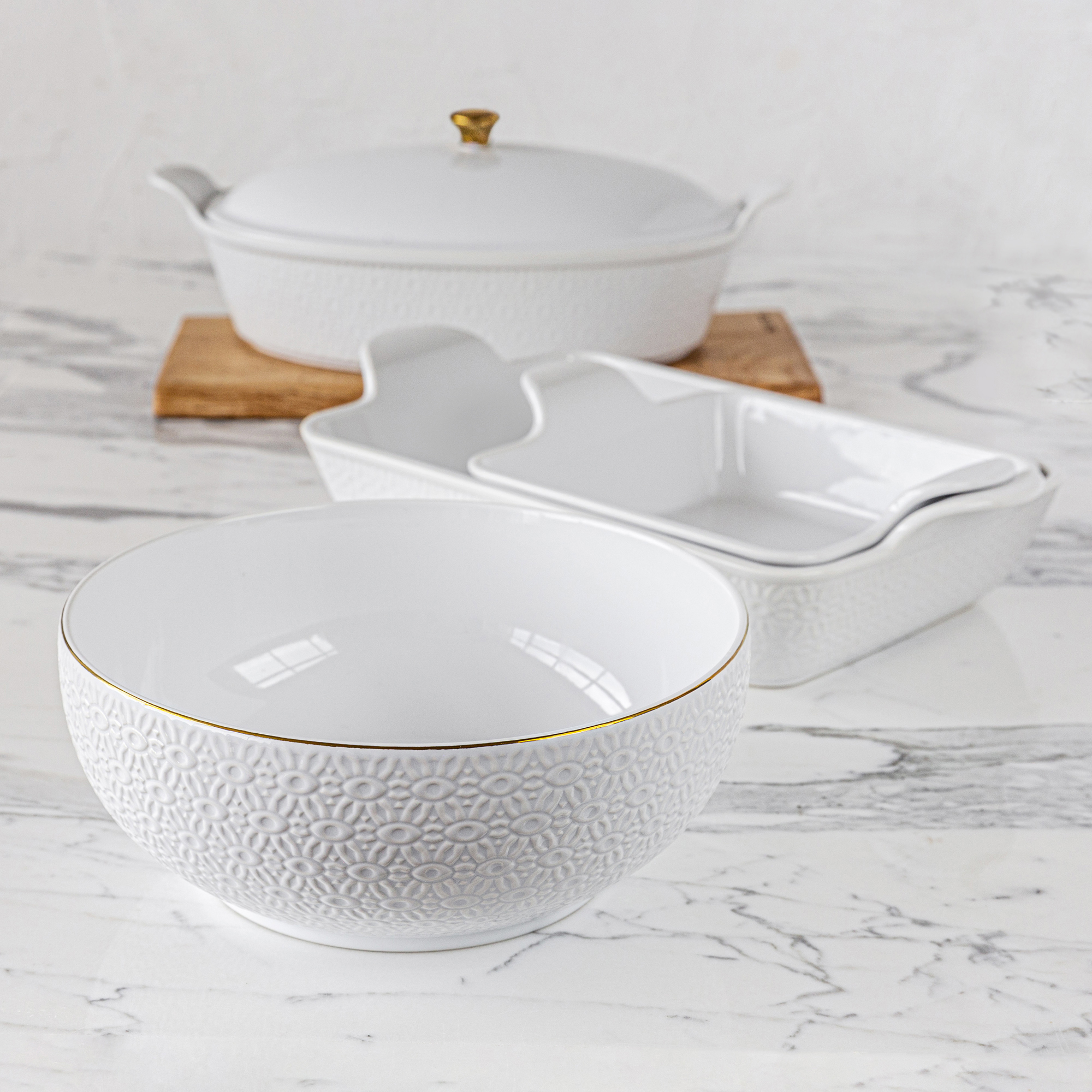 Sofia Home Embossed White Stoneware Serve Bowl by Sofia Vergara