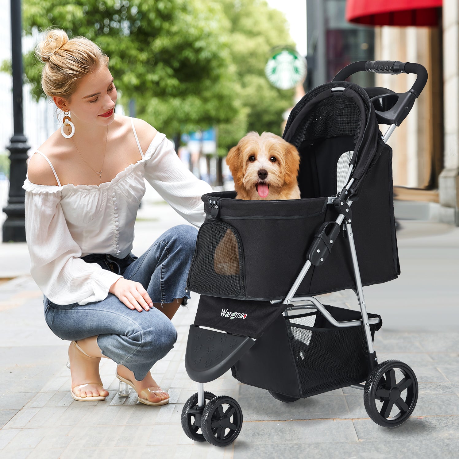 Pet Stroller 3 Wheel Cat and Dog with Storage Basket Foldable Lightweight Trolley-Black