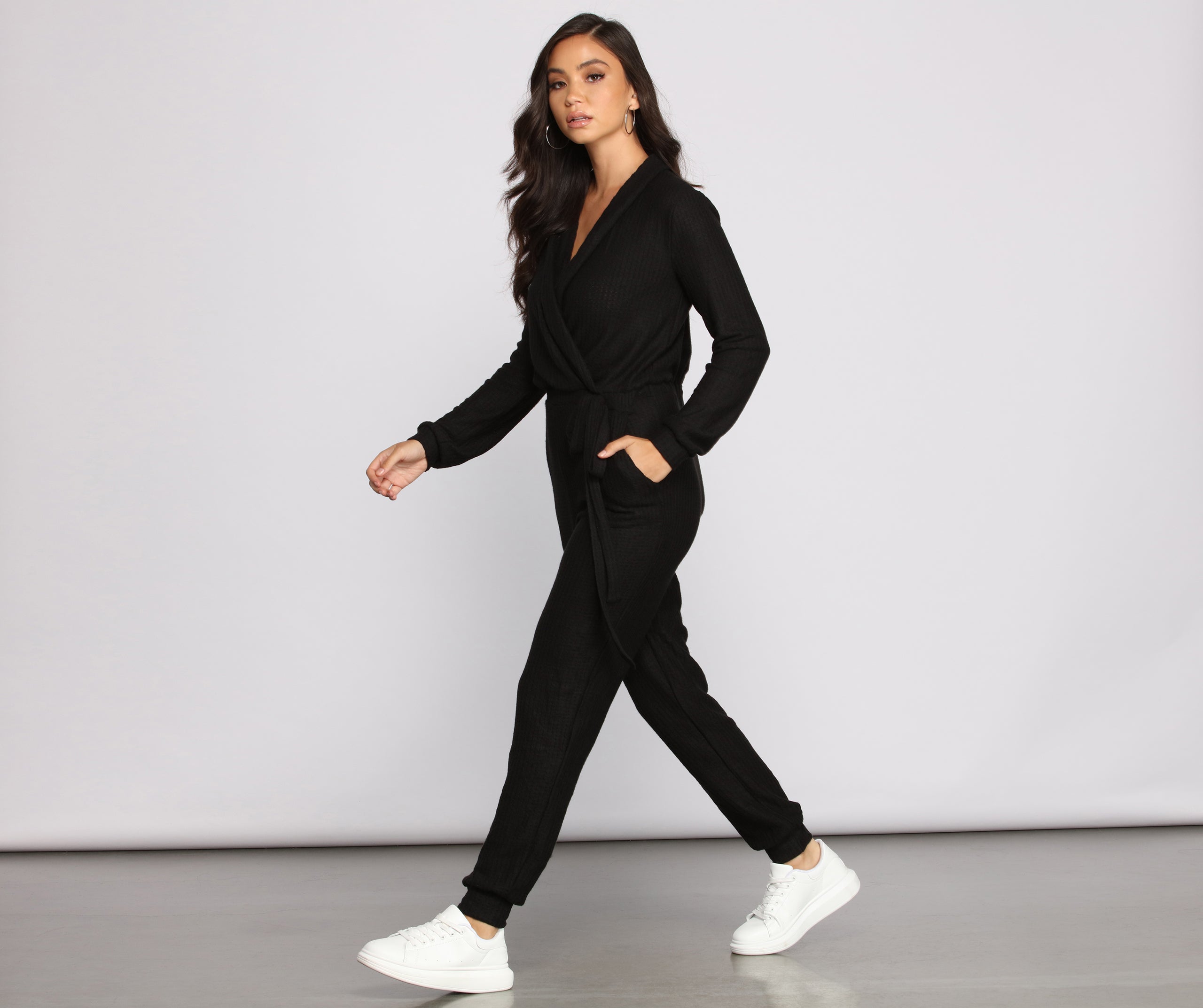 Cozy and Chic Ribbed Surplice Jogger Jumpsuit