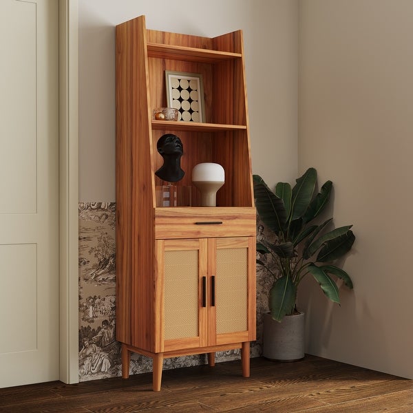 Rattan Door Display Case with drawer and Open Storage Shelves