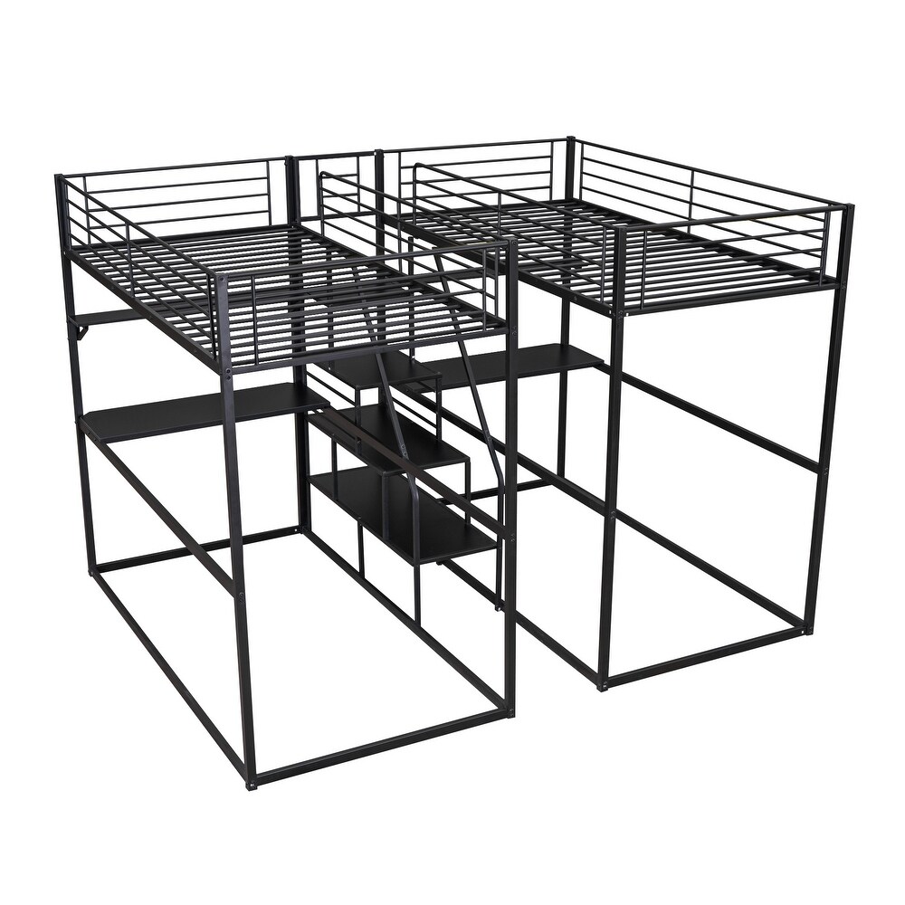 Black Metal Double Twin over Twin Bunk Bed with Two Desks  Shelves  and Storage Staircase  Space Saving  Large Storage