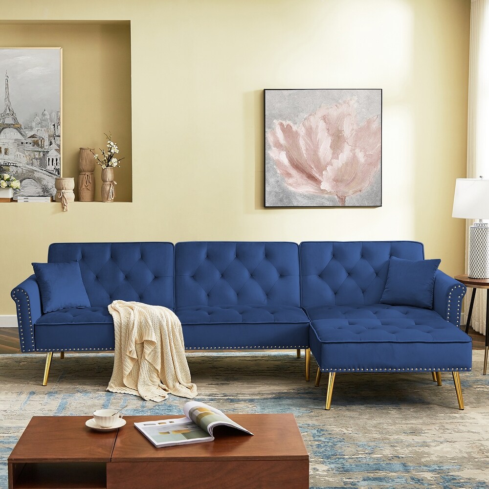 Modern Velvet Upholstered Reversible Sectional Futon Sofa Bed