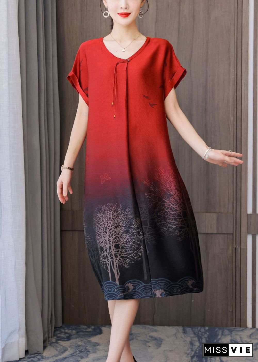 Beautiful Red Gradient Color O-Neck Tassel Print Silk Dresses Short Sleeve