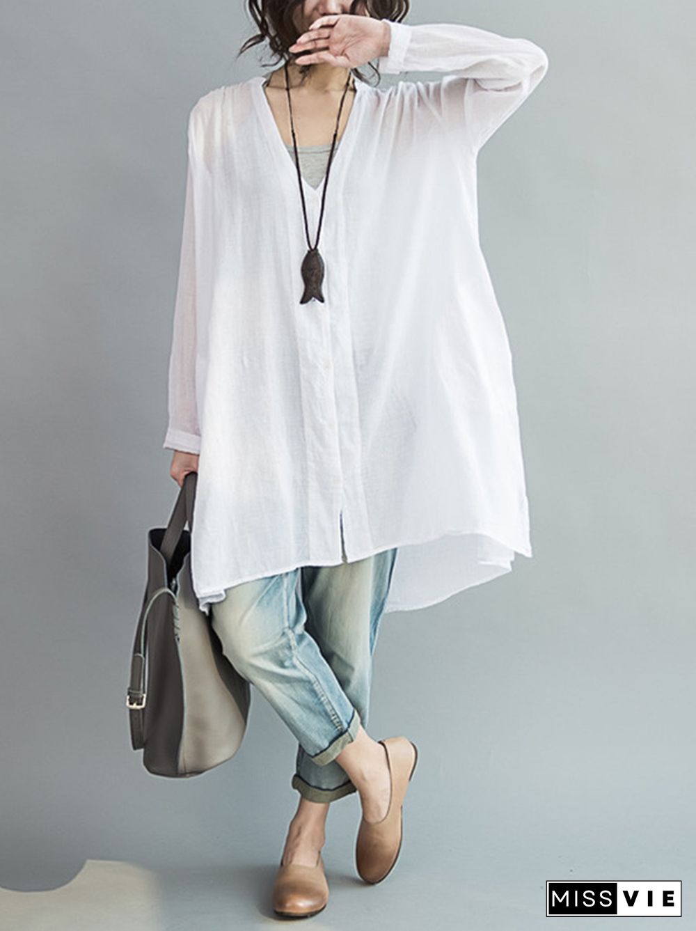 Original Solid Sun-Protection V-Neck Blouse Tops