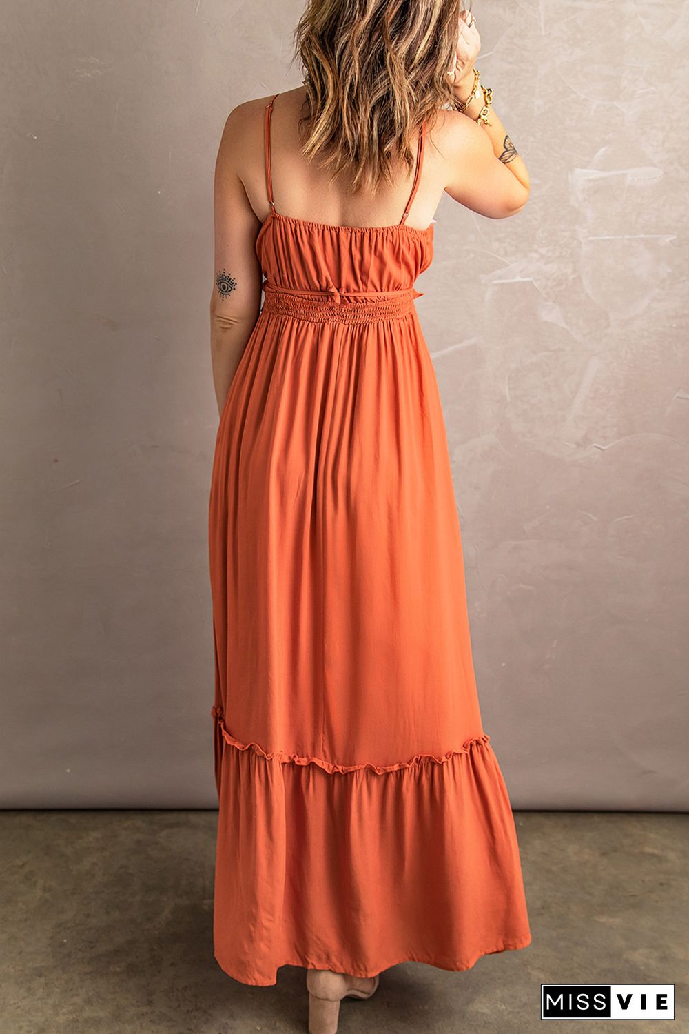 Orange Ruffled Cut-out Spaghetti Strap Sleeveless Long Dress