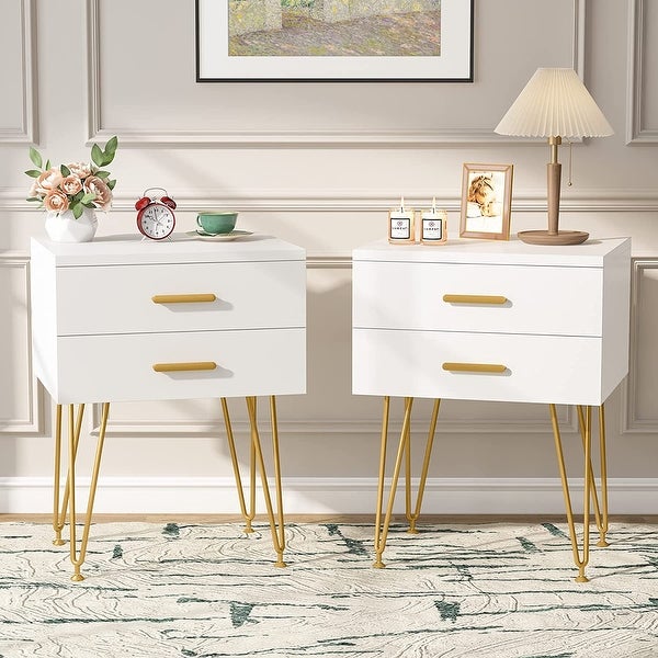 2-Drawer Nightstand， White Gold Night Stand Bed Side Table Bedroom - - 36389509